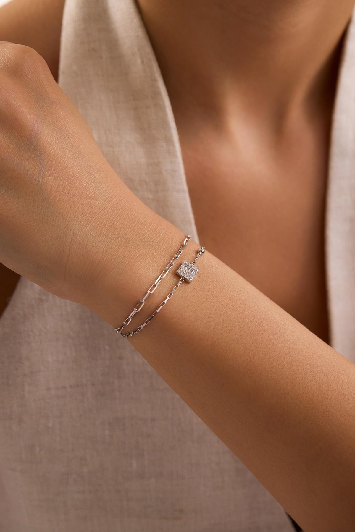 Sterling Silver Double Chain Square Zircon Bracelet | Minimal Design (NRZ1000801)