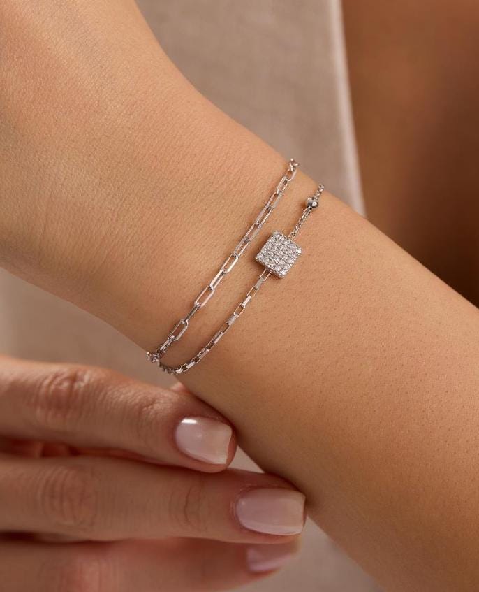 Sterling Silver Double Chain Square Zircon Bracelet | Minimal Design (NRZ1000801)