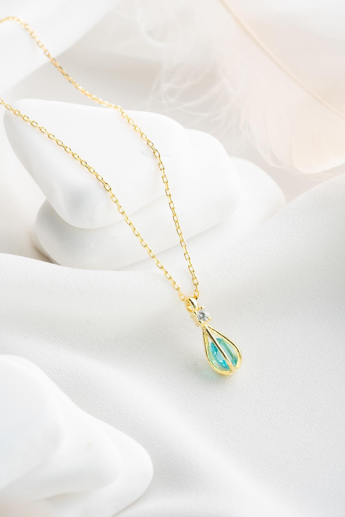 Aquamarine Balloon Necklace Silver 925 | Dainty Blue Zircon Jewelry | Gold Plated Pendant | Gift