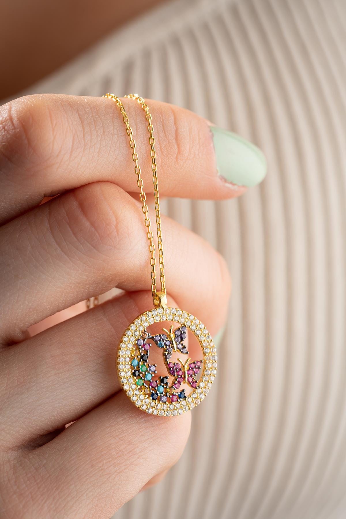 Butterfly Necklace Silver 925 | Colorful Zircon Circle Pendant | Dainty Gold Jewelry | Gift