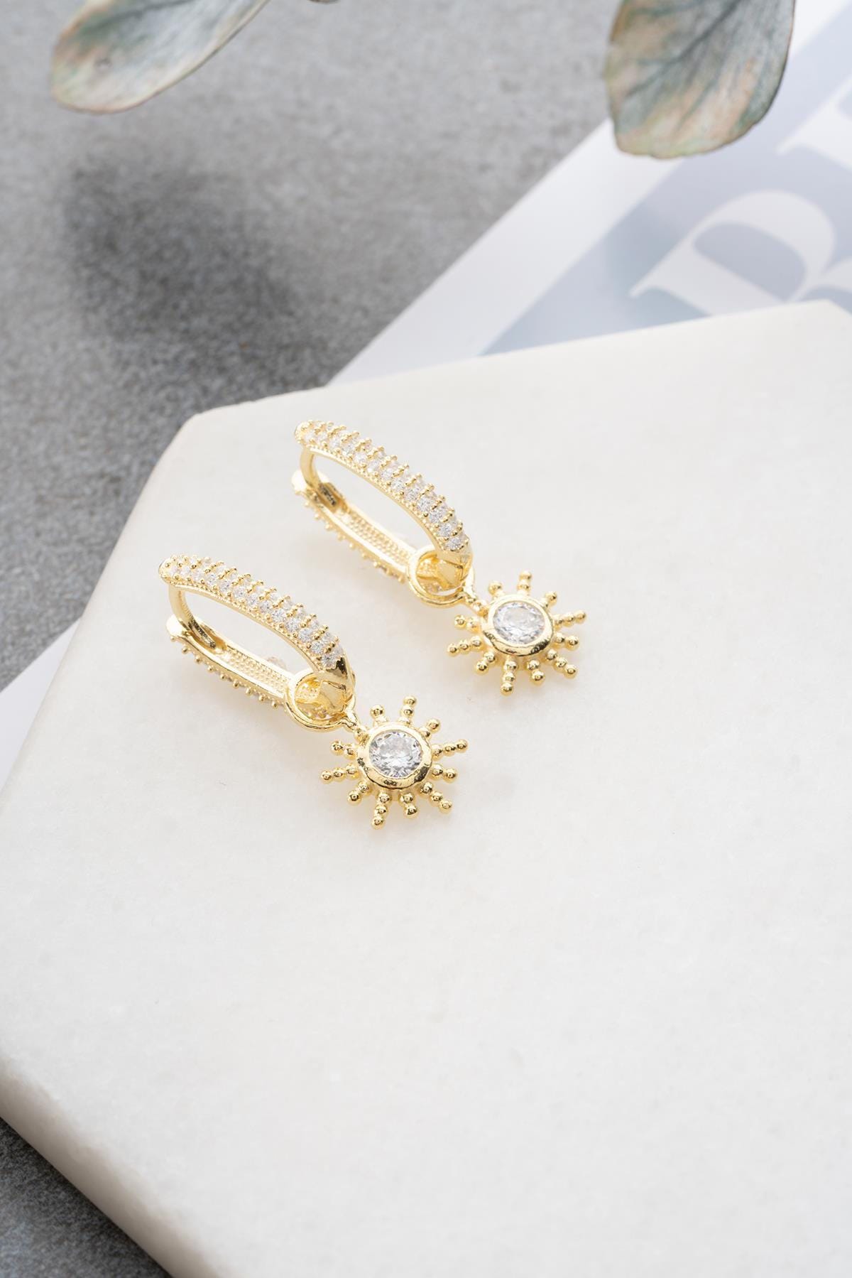 Sterling Silver Gold Sun Dangle Earrings | Minimal Celestial (NRZ1000905)