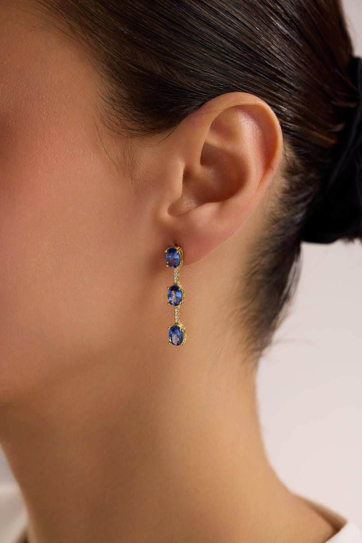 Sterling Silver Gold Plated Blue Oval Drop Earrings | Triple Zircon (NRZ1000878)