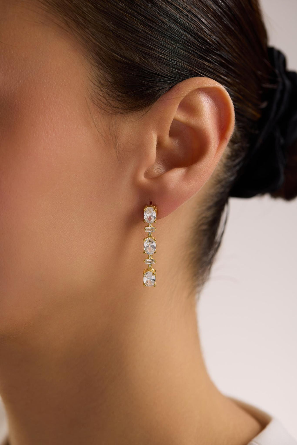 Sterling Silver Gold Plated White Oval Drop Earrings | Triple Zircon (NRZ1000877)