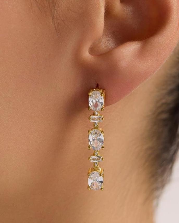 Sterling Silver Gold Plated White Oval Drop Earrings | Triple Zircon (NRZ1000877)