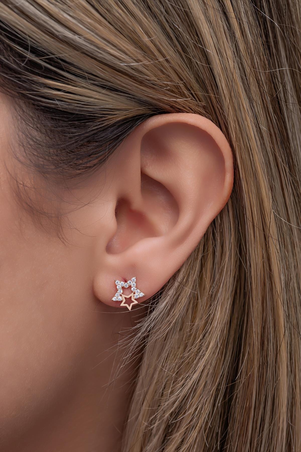 Sterling Silver Double Star Stud Earrings | Zircon Minimal Design (NRZ999147)