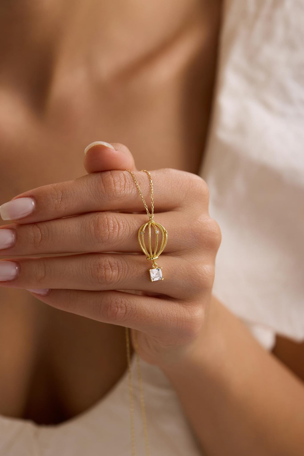 Sterling Silver Balloon Necklace | Square Zircon Pendant | Gold Minimal Jewelry