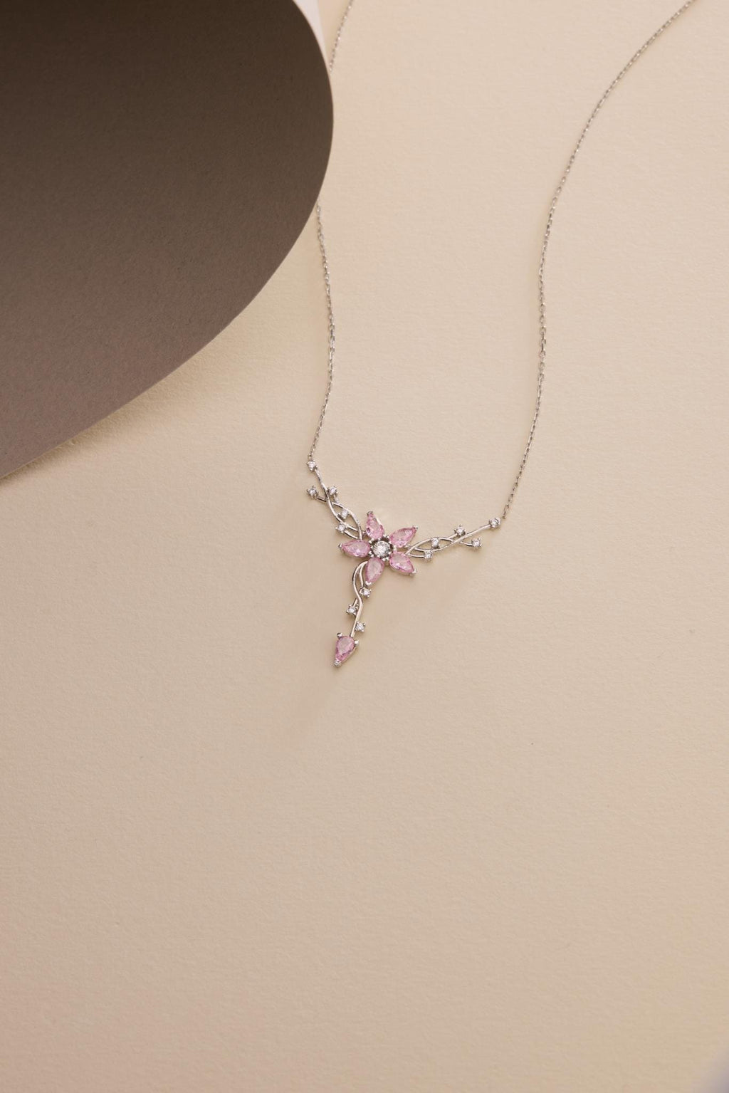 Sterling Silver Ivy Necklace | Pink Zircon Floral Pendant Jewelry for Women