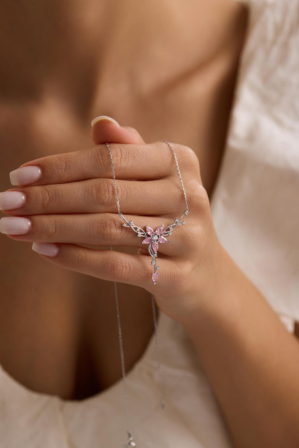 Sterling Silver Ivy Necklace | Pink Zircon Floral Pendant Jewelry for Women