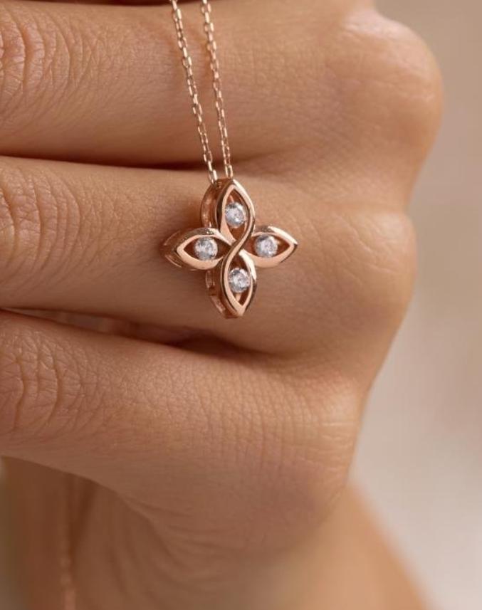 Rose Gold Flower Necklace | Sterling Silver Zircon Floral Pendant Jewelry