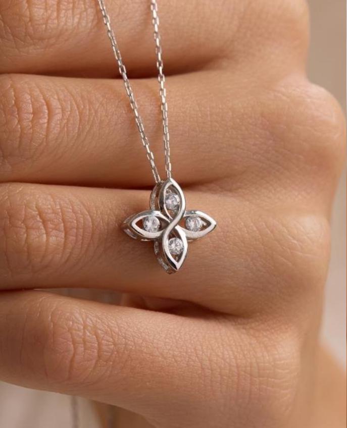 Sterling Silver Flower Necklace | Four Leaf Zircon Pendant Jewelry for Women