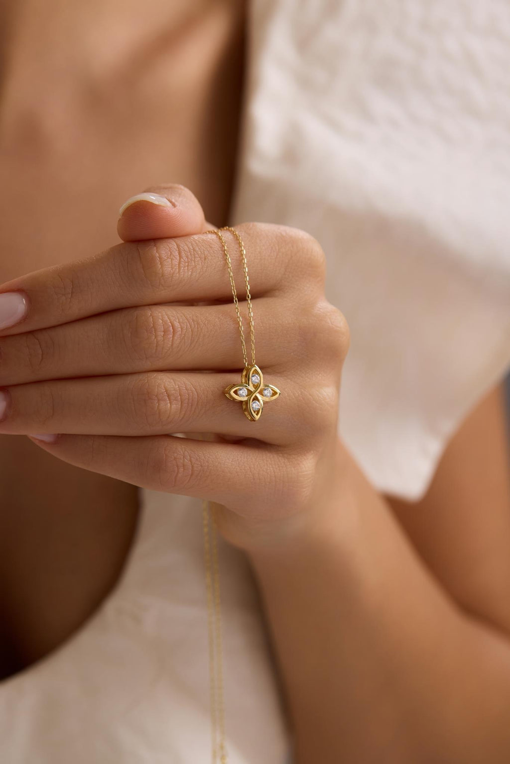 Gold Flower Necklace | Sterling Silver Four Leaf CZ Pendant Jewelry