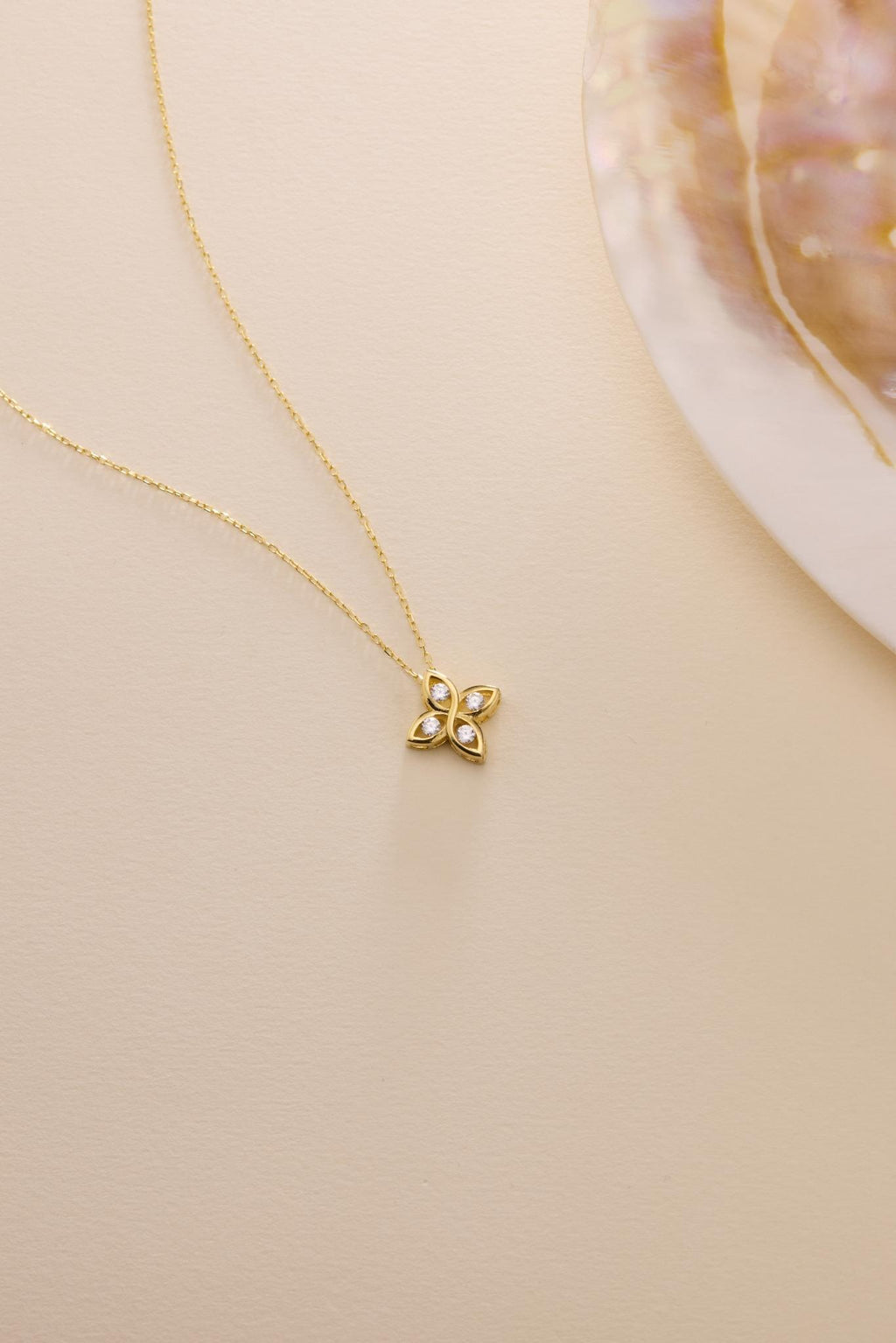 Gold Flower Necklace | Sterling Silver Four Leaf CZ Pendant Jewelry