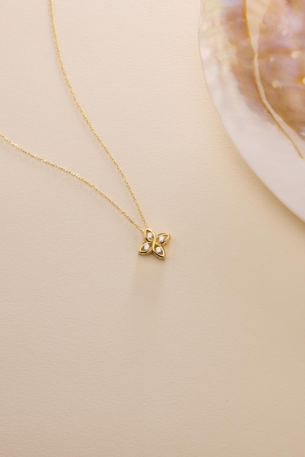 Gold Flower Necklace | Sterling Silver Four Leaf CZ Pendant Jewelry
