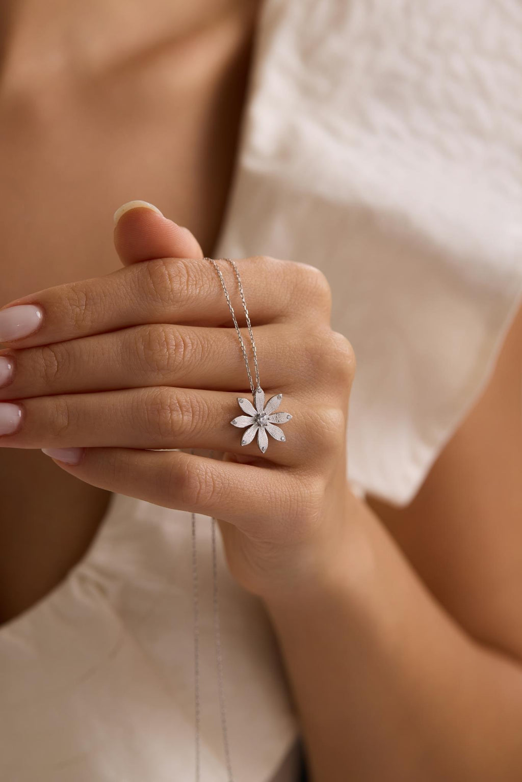Sterling Silver Wildflower Necklace | Zircon Floral Pendant | Minimal Nature Jewelry