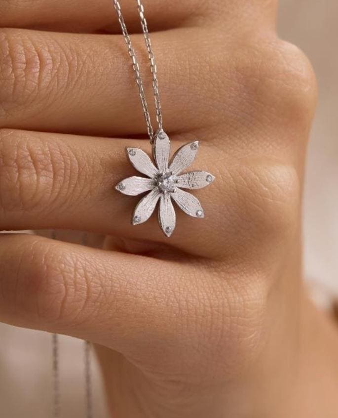 Sterling Silver Wildflower Necklace | Zircon Floral Pendant | Minimal Nature Jewelry