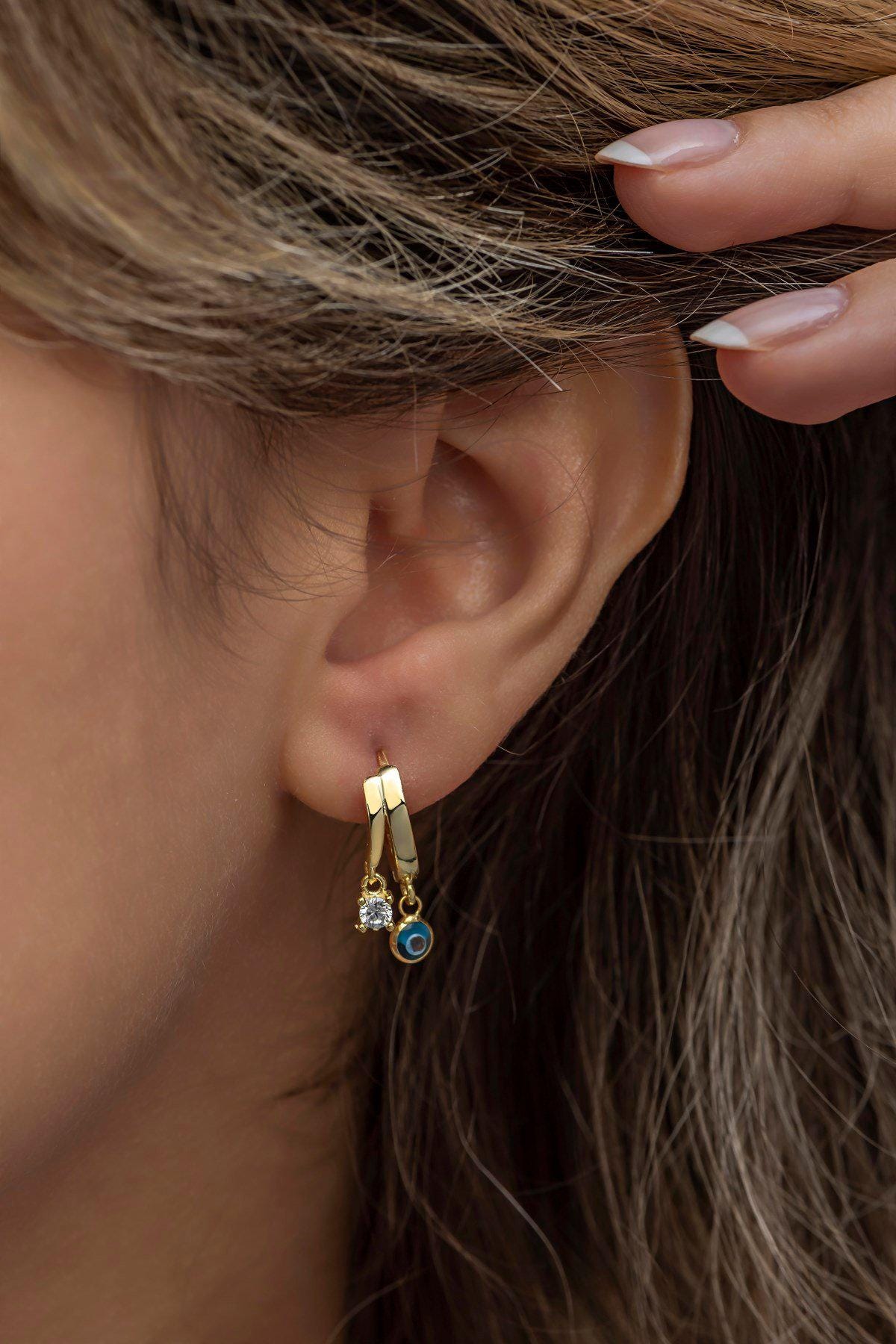 Sterling Silver Gold Plated Evil Eye Hoop Earrings | Zircon Huggie (NRZ998700)