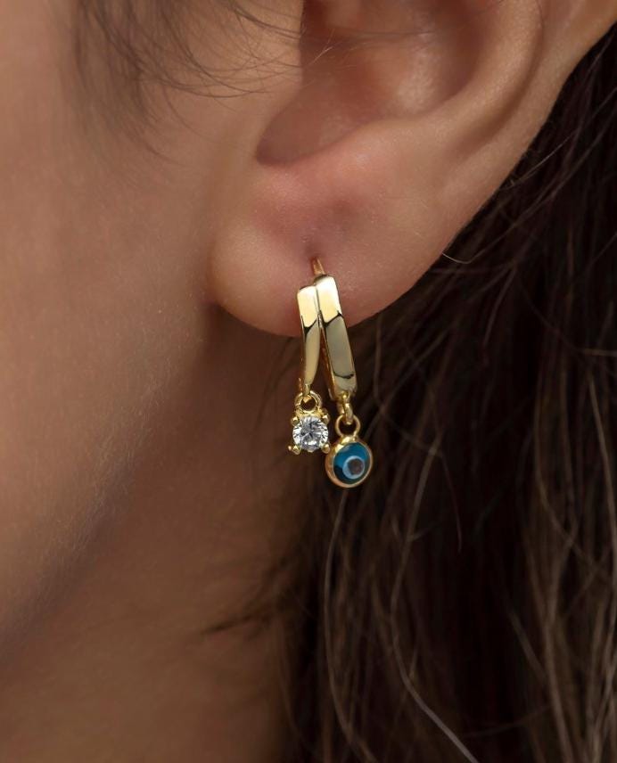 Sterling Silver Gold Plated Evil Eye Hoop Earrings | Zircon Huggie (NRZ998700)