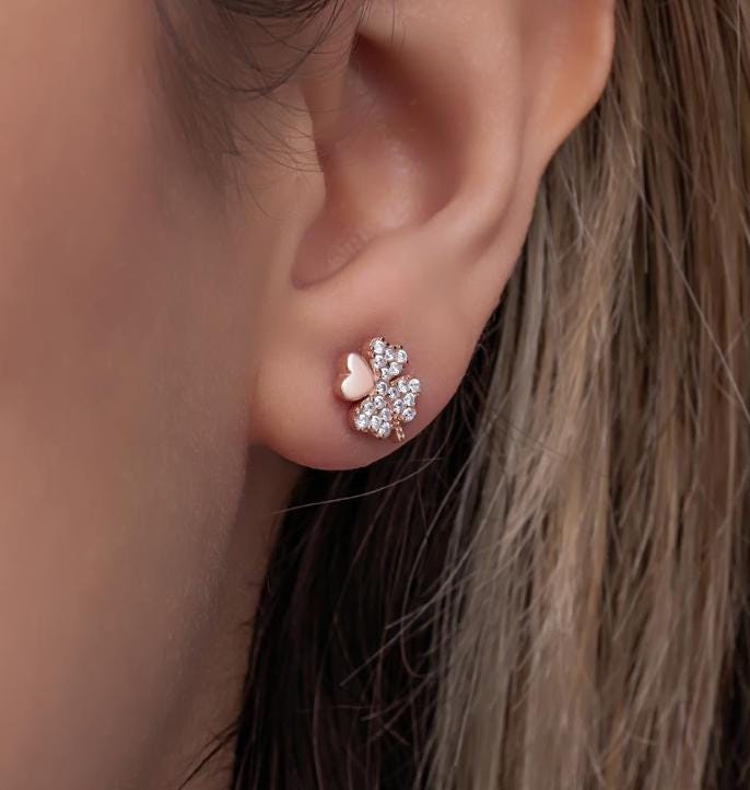 Rose Gold Clover Stud Earrings – Sterling Silver Zircon Lucky Charms