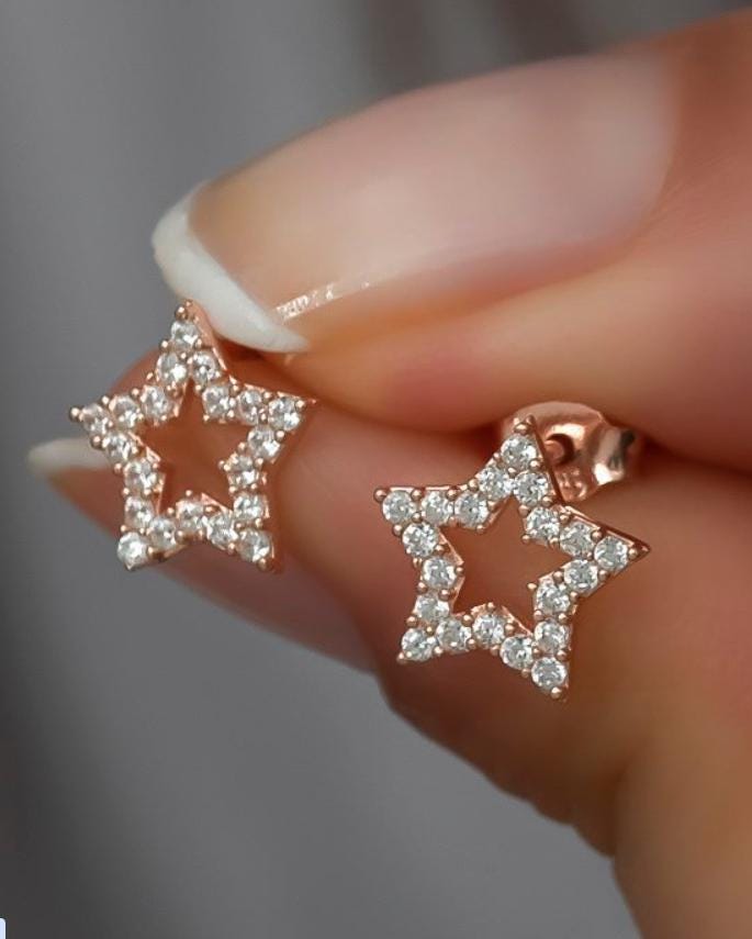 Sterling Silver Star Stud Earrings | Rose Gold Zircon (NRZ99800)