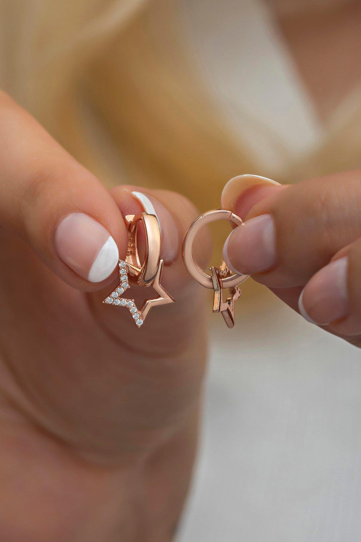 Sterling Silver Rose Gold Star Dangle Hoop Earrings | Zircon Charm (NRZ998583)
