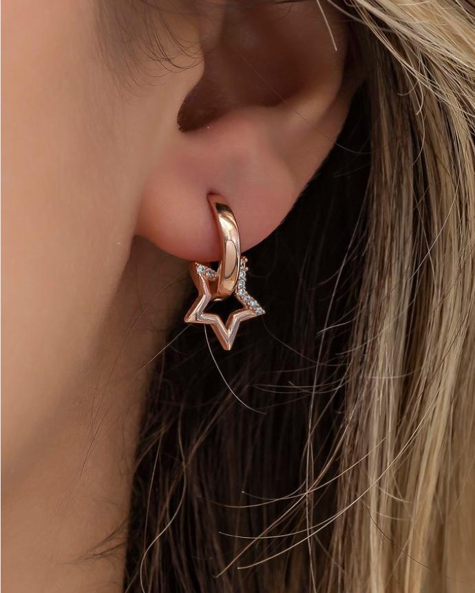 Sterling Silver Rose Gold Star Dangle Hoop Earrings | Zircon Charm (NRZ998583)