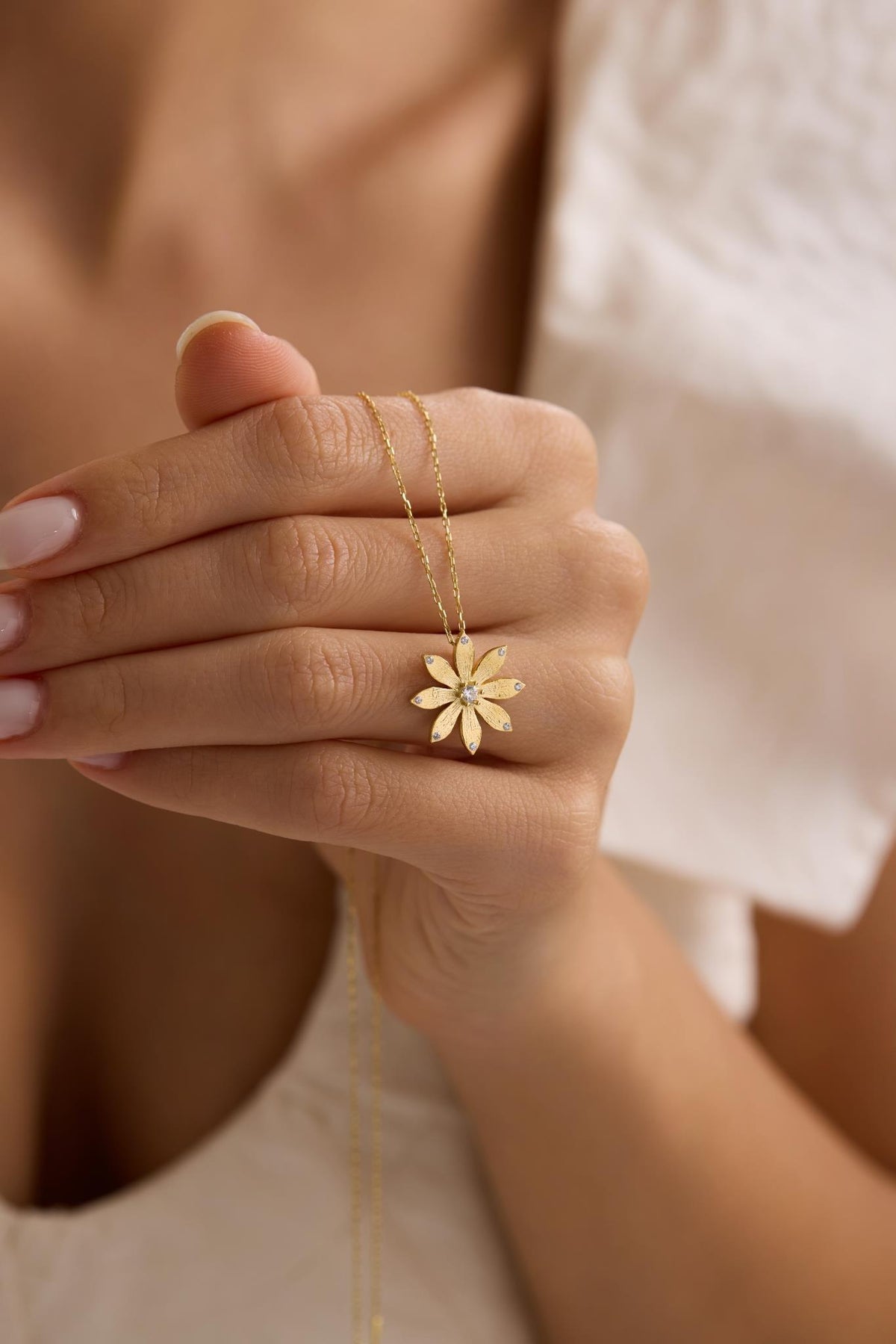 Gold Plated Wildflower Necklace | Sterling Silver Floral Pendant | Zircon Jewelry