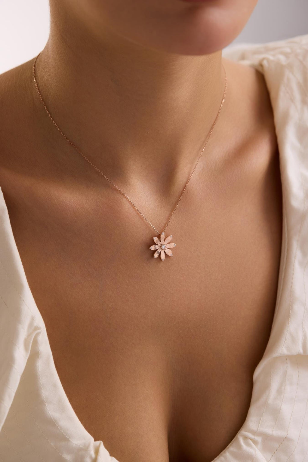 Rose Gold Wildflower Necklace | Sterling Silver Floral Pendant | Zircon Jewelry