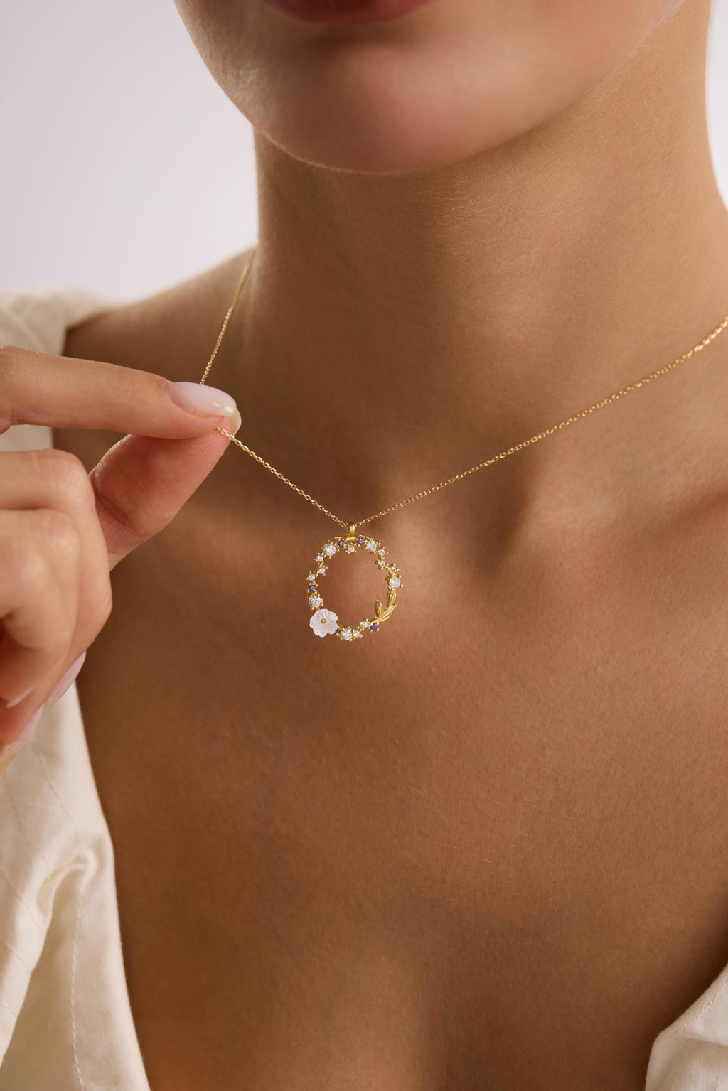 Gold plated  Magnolia Necklace | Sterling Silver Circle Pendant | Zircon Jewelry