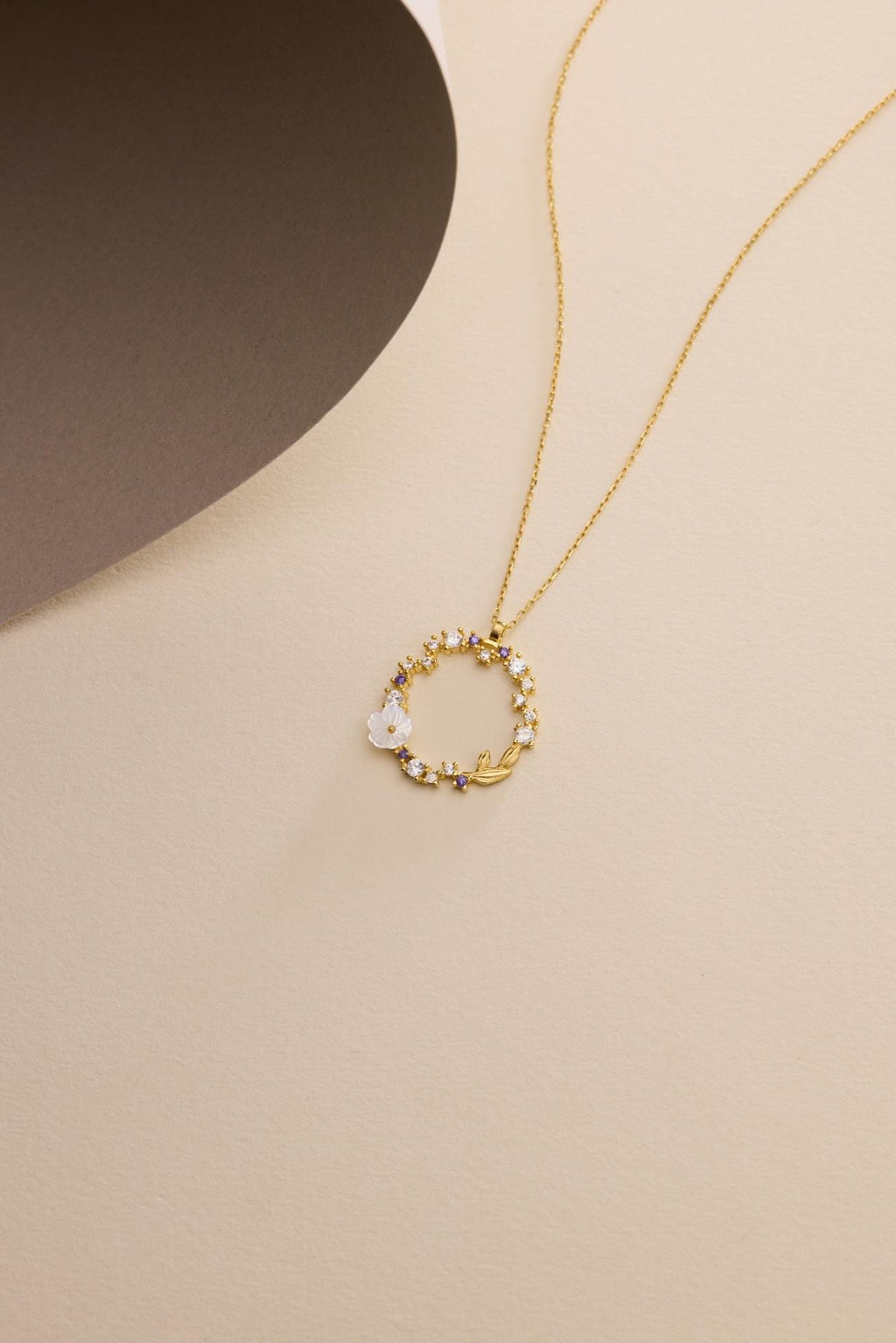 Gold plated  Magnolia Necklace | Sterling Silver Circle Pendant | Zircon Jewelry
