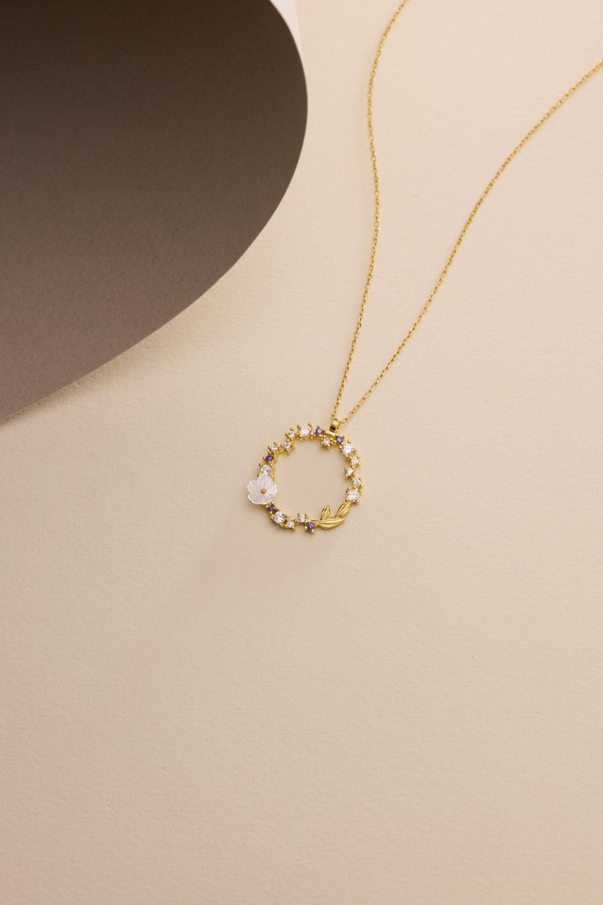 Gold plated  Magnolia Necklace | Sterling Silver Circle Pendant | Zircon Jewelry