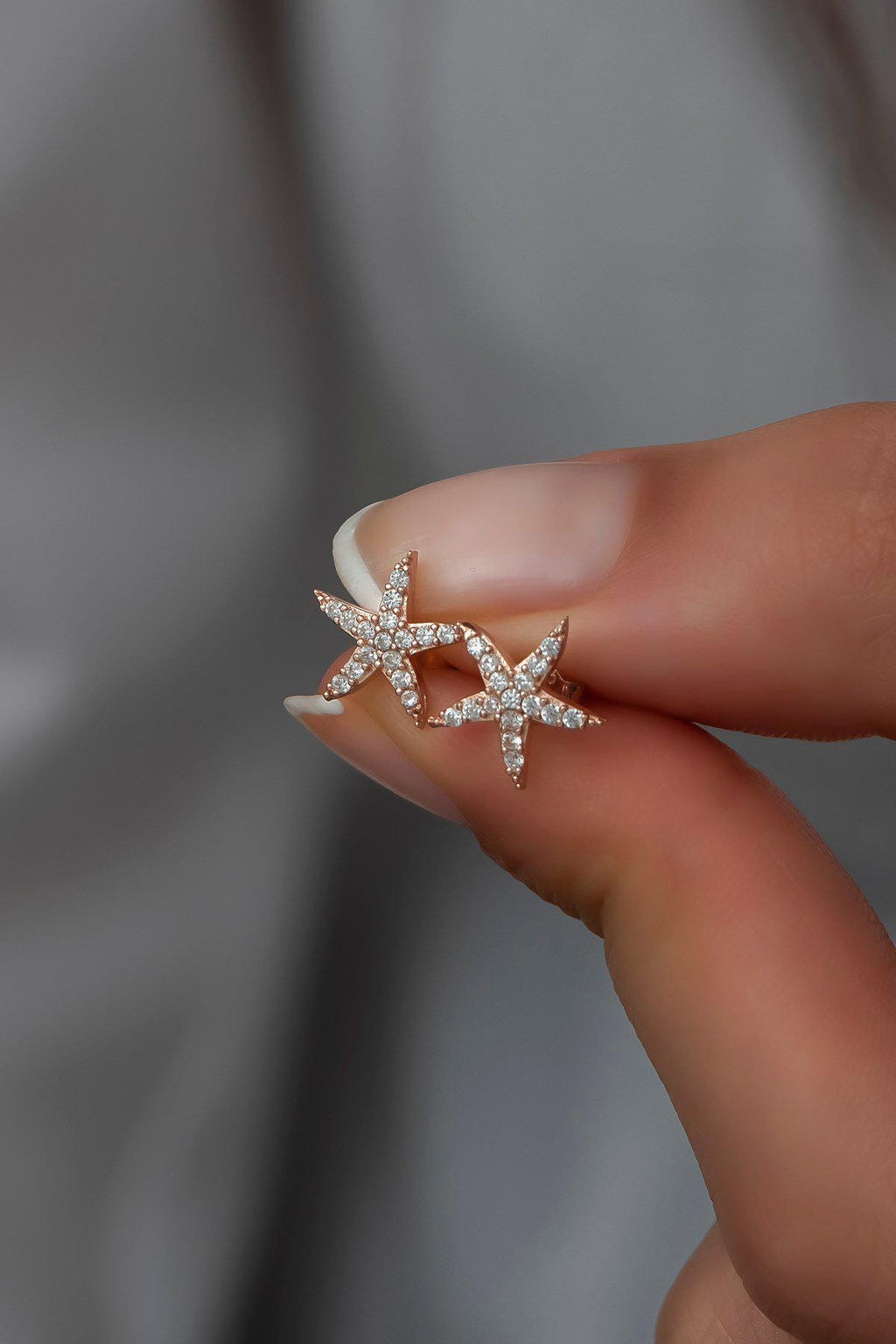Sterling Silver Rose Gold Starfish Stud Earrings | Zircon (NRZ99801)