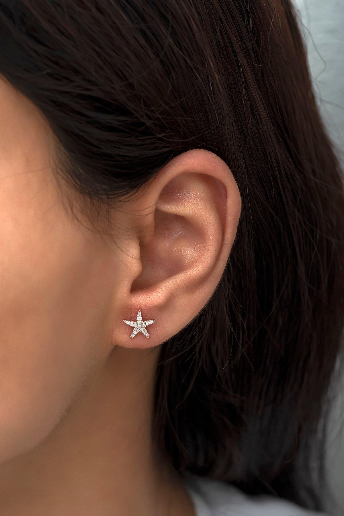 Sterling Silver Rose Gold Starfish Stud Earrings | Zircon (NRZ99801)