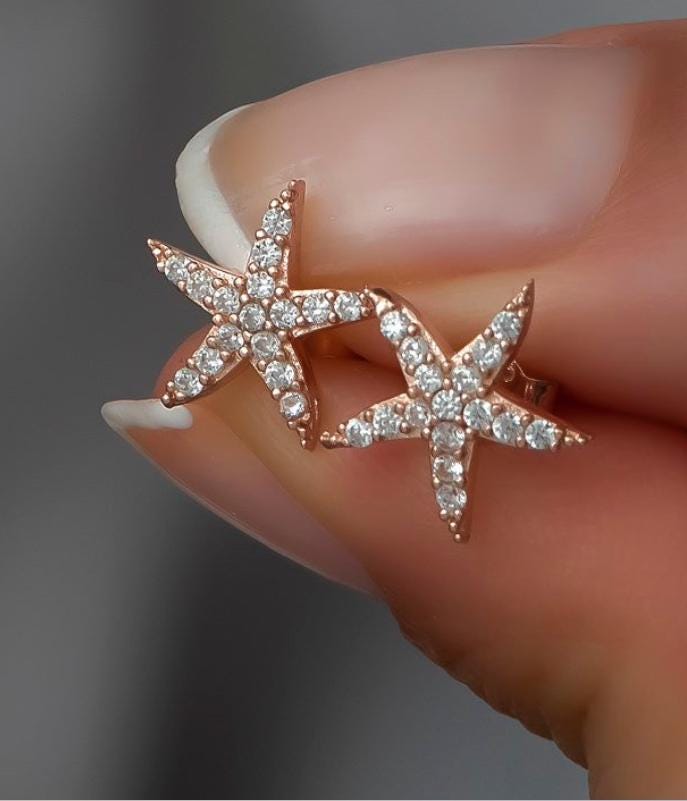 Sterling Silver Rose Gold Starfish Stud Earrings | Zircon (NRZ99801)