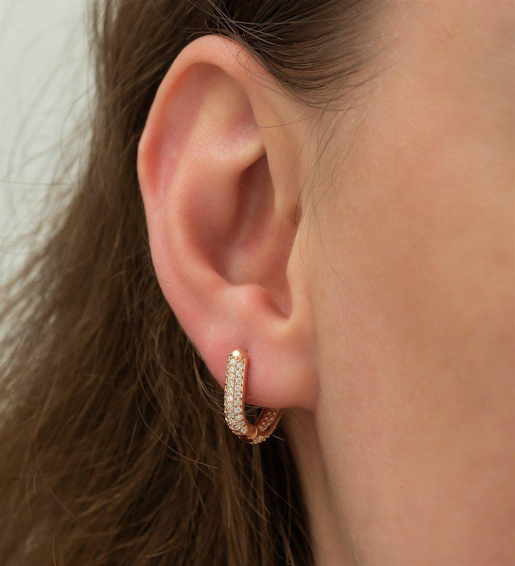 925 Sterling Silver Rose Gold U Shape Zircon Hoop Earrings | Minimal Pave Design (NRZ1172)