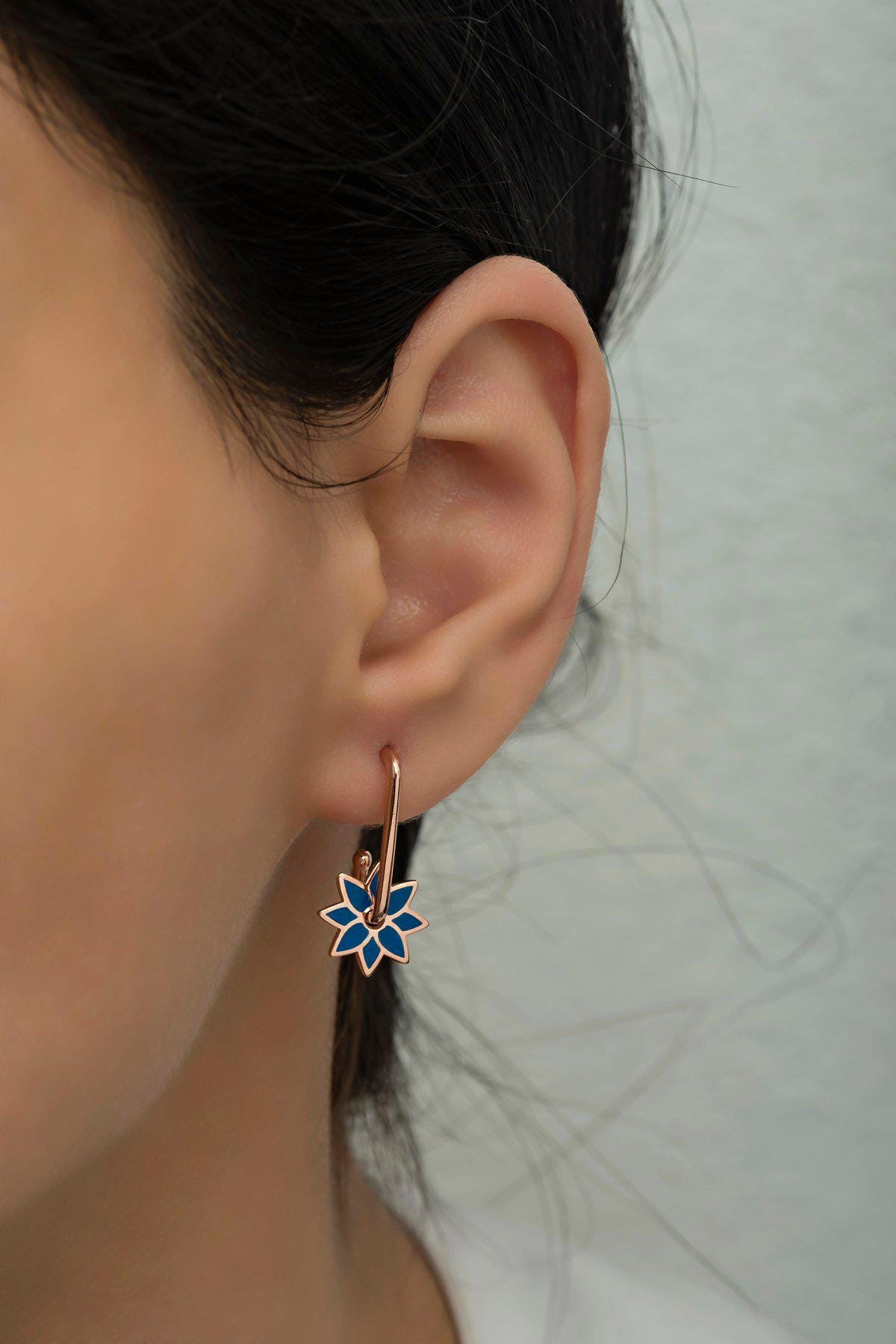 925 Sterling Silver Blue Enamel Windmill Earrings | Rose Gold Plated Minimal Jewelry (NRZ998498)