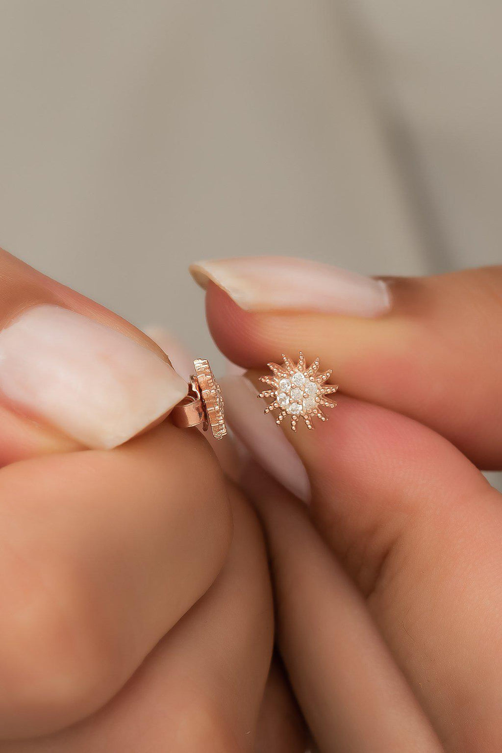 925 Sterling Silver Mini Sun Stud Earrings | Rose Gold Plated Zircon Design (NRZ99438)