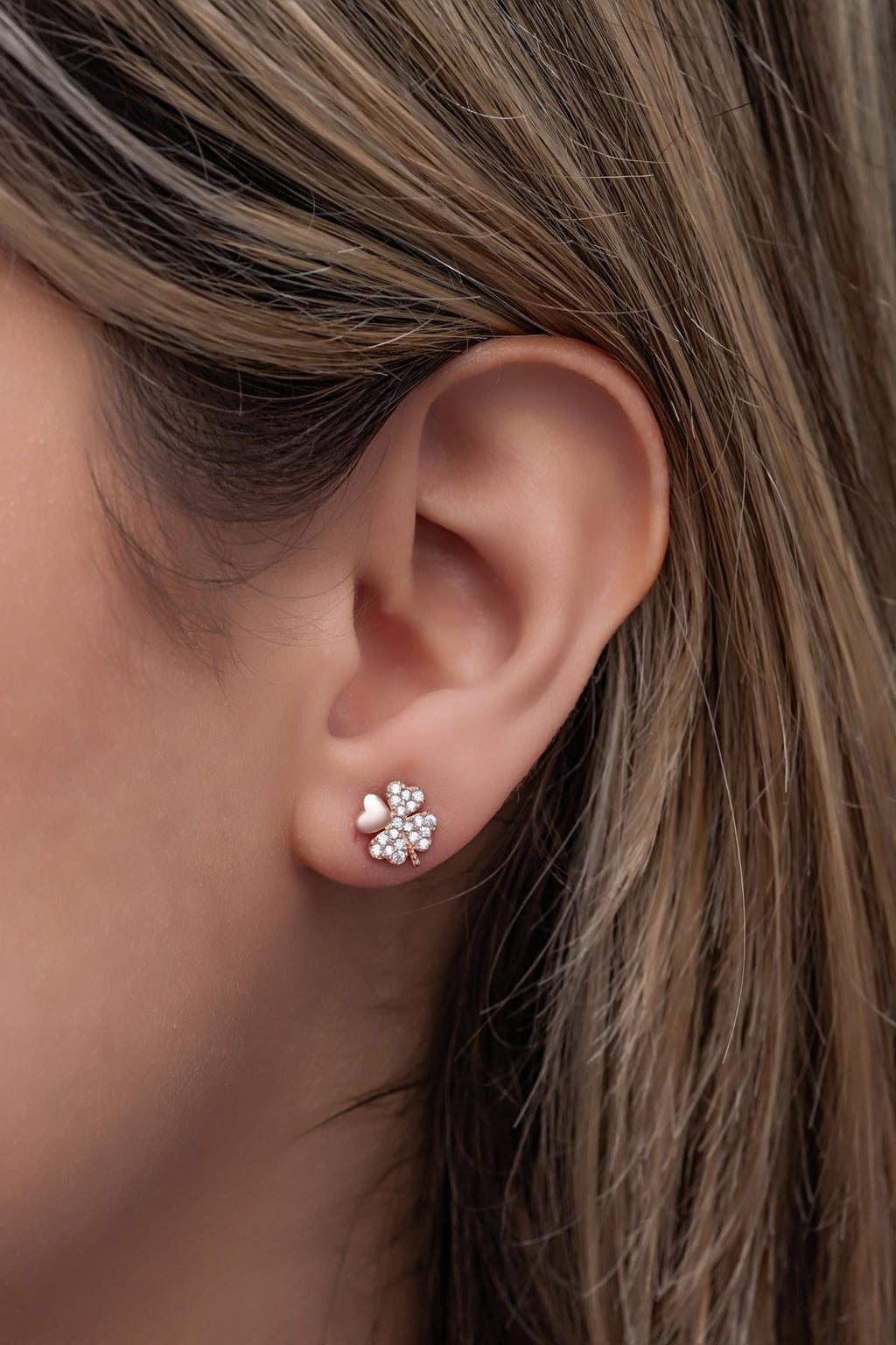 Rose Gold Clover Stud Earrings | Sterling Silver Zircon Accent