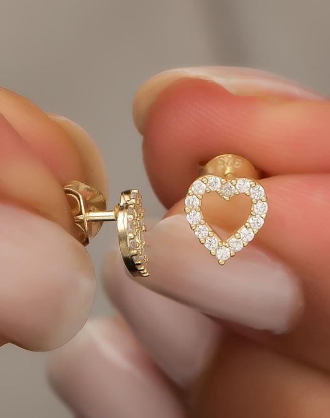 925 Sterling Silver Gold Plated Heart Stud Earrings | Zircon Minimal Design (NRZ99406)