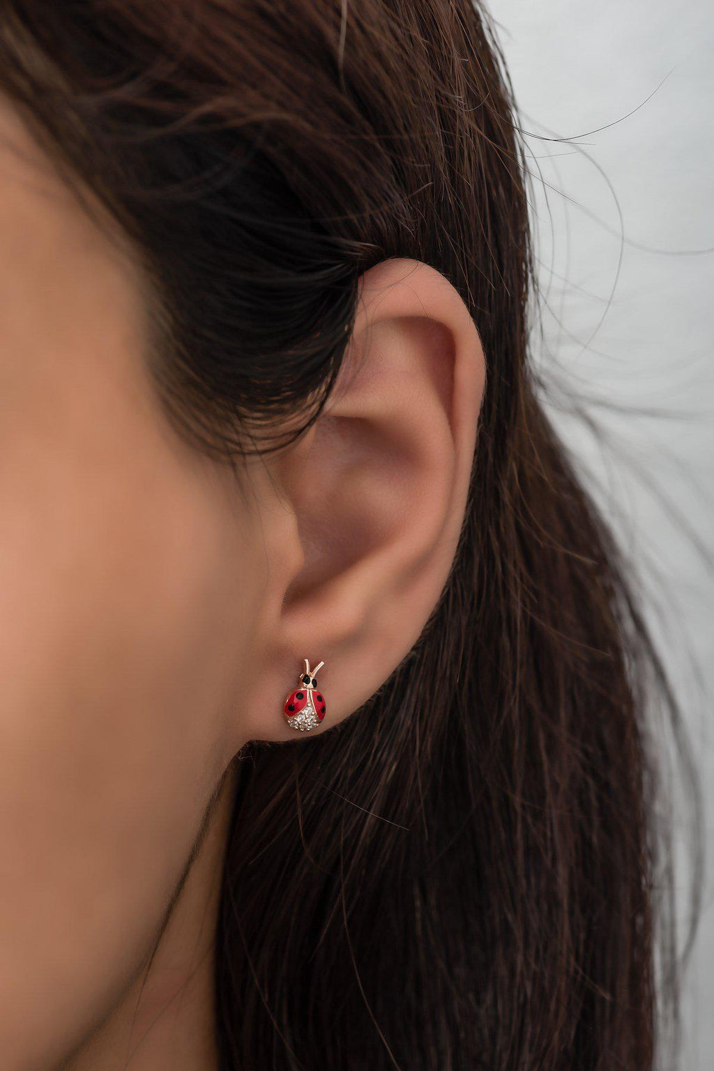 925 Sterling Silver Red Enamel Ladybug Stud Earrings | Rose Gold Plated Zircon Design (NRZ99446)