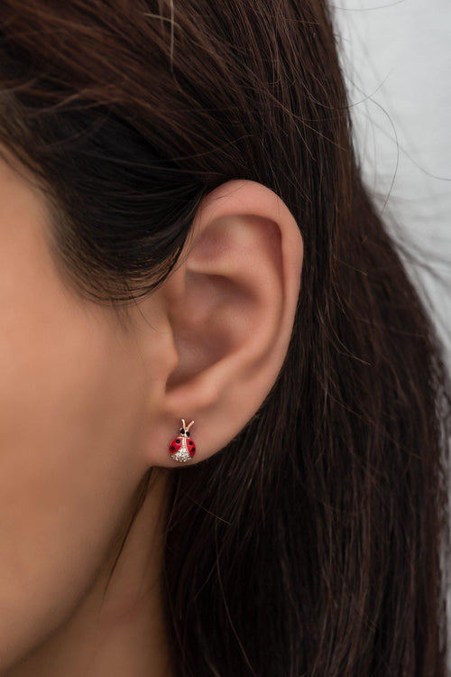 925 Sterling Silver Red Enamel Ladybug Stud Earrings | Rose Gold Plated Zircon Design (NRZ99446)