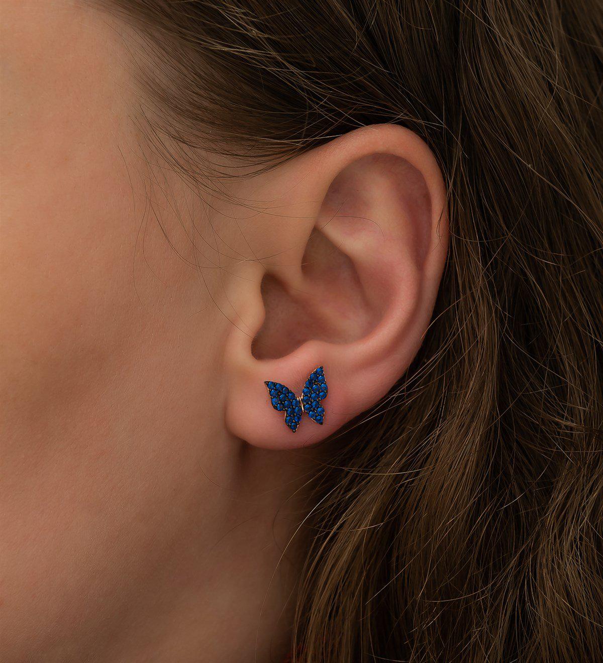 925 Sterling Silver Blue Butterfly Stud Earrings | Rose Gold Plated Zircon Design (NRZ1133)