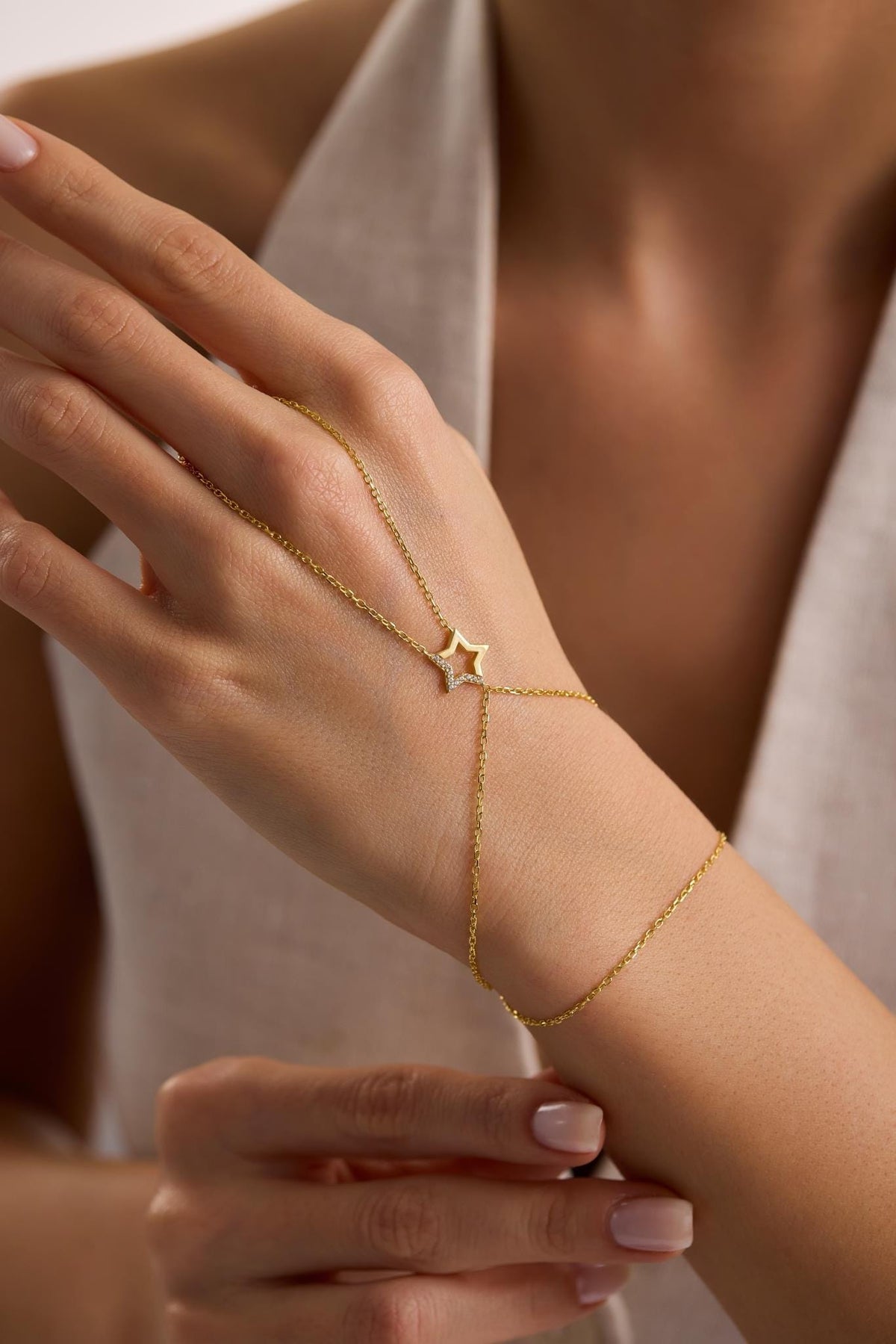 Gold Plated Sterling Silver Star Hand Chain Bracelet, Zircon Shahmaran