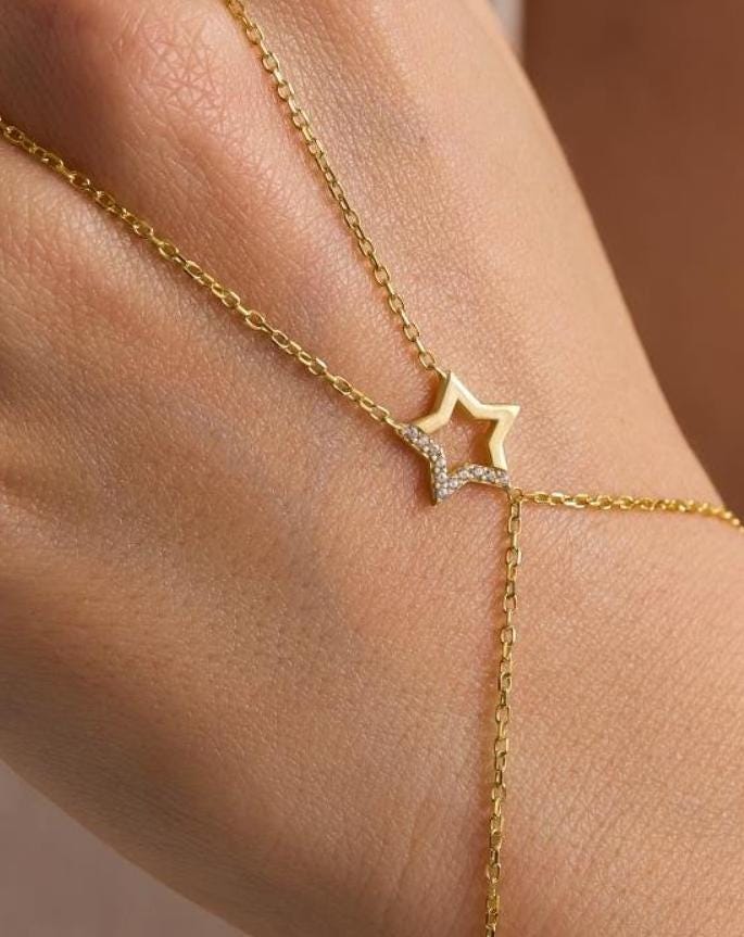 Gold Plated Sterling Silver Star Hand Chain Bracelet, Zircon Shahmaran