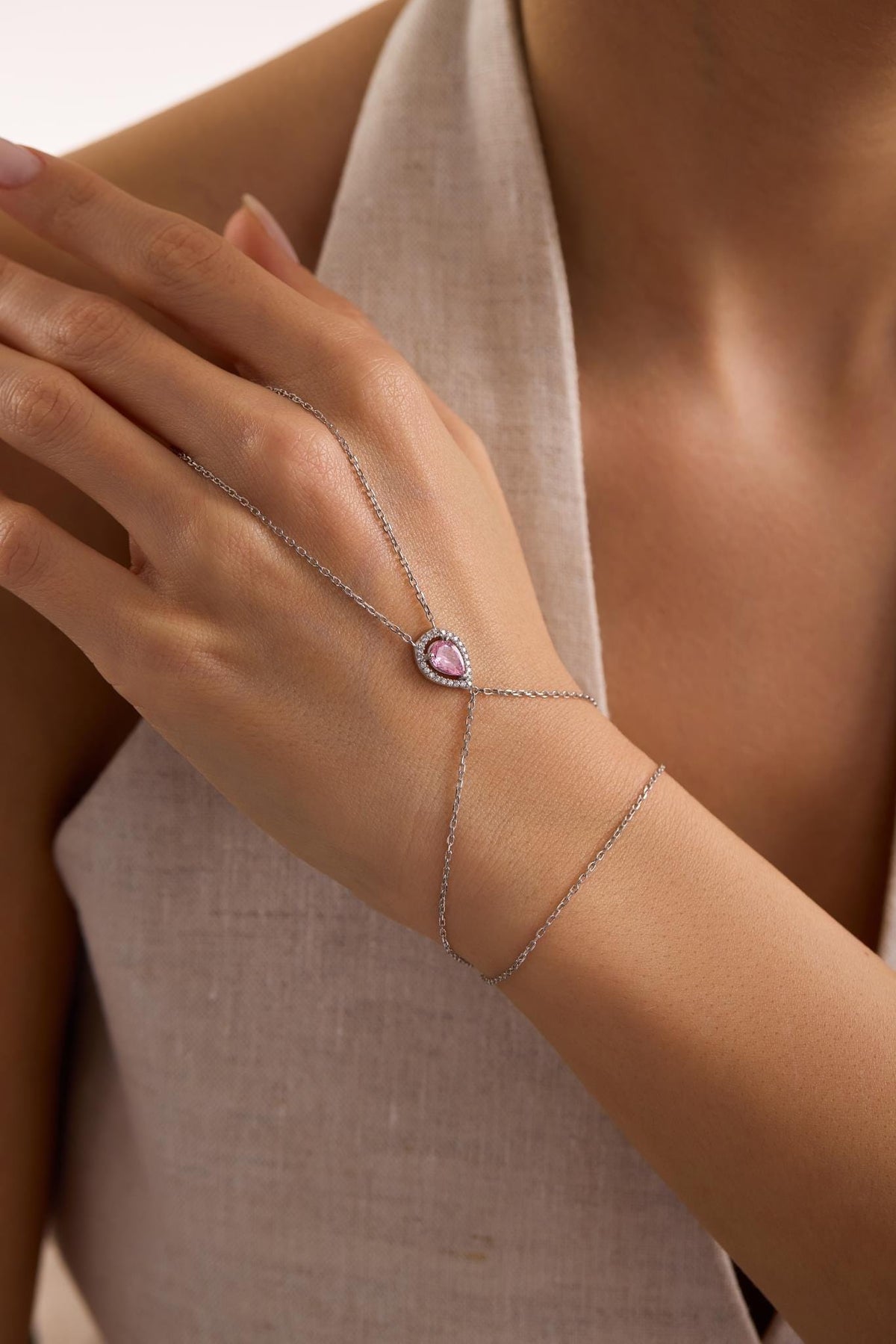 925 Sterling Silver Rhodium Plated Pink Teardrop Zircon Hand Chain Bracelet (NRZ1000824)