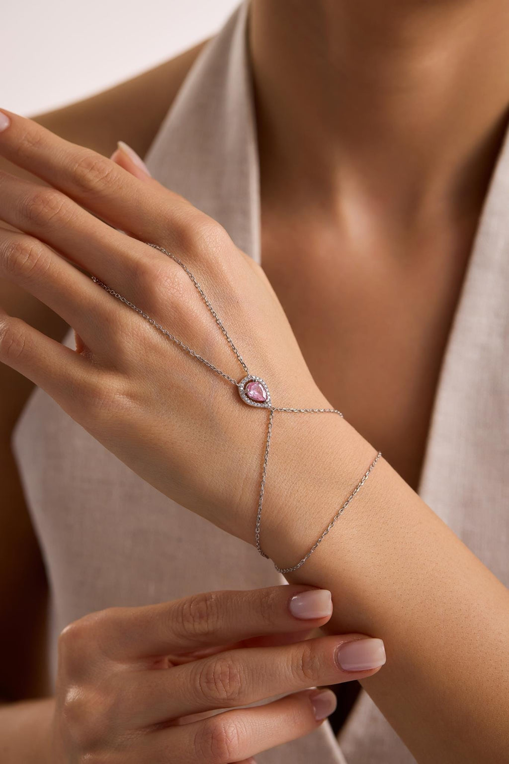 925 Sterling Silver Rhodium Plated Pink Teardrop Zircon Hand Chain Bracelet (NRZ1000824)