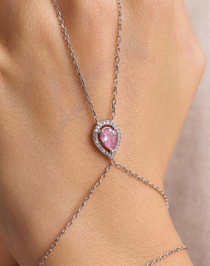 925 Sterling Silver Rhodium Plated Pink Teardrop Zircon Hand Chain Bracelet (NRZ1000824)