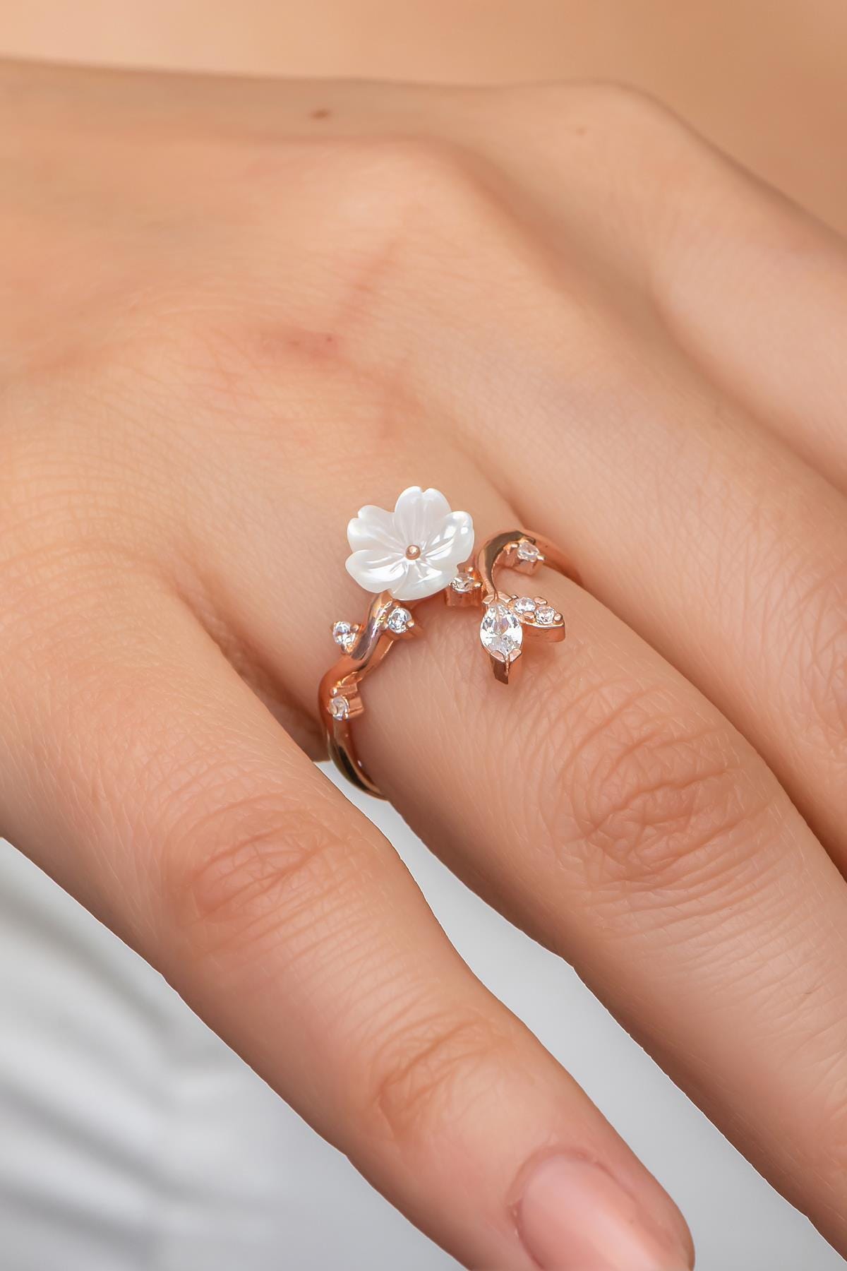 Rose Gold Magnolia Ring | 925 Sterling Silver Zircon Branch (NRZ998965)