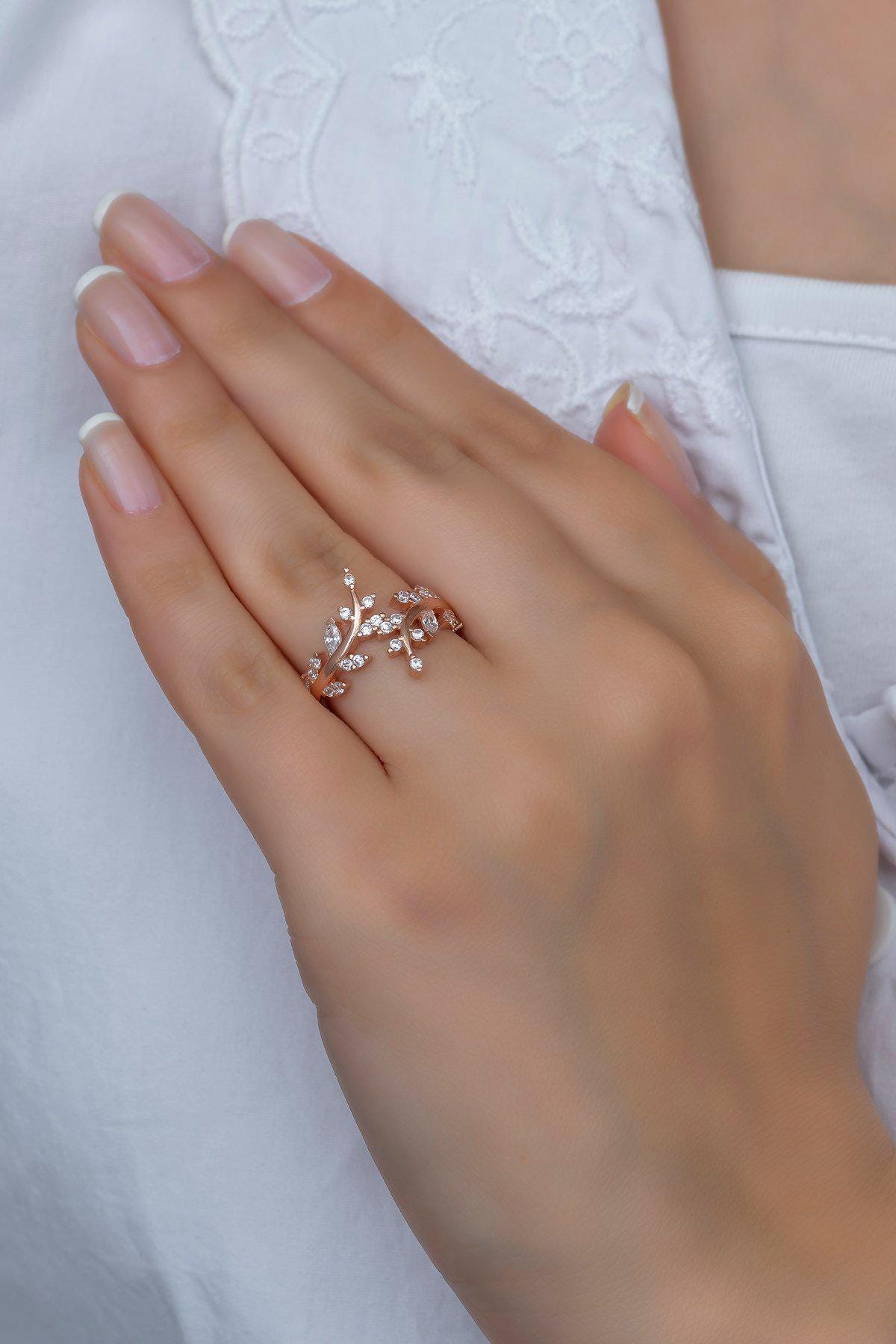 Adjustable Olive Branch Ring | Rose Gold Plated Zircon Nature Design (NRZ99385)