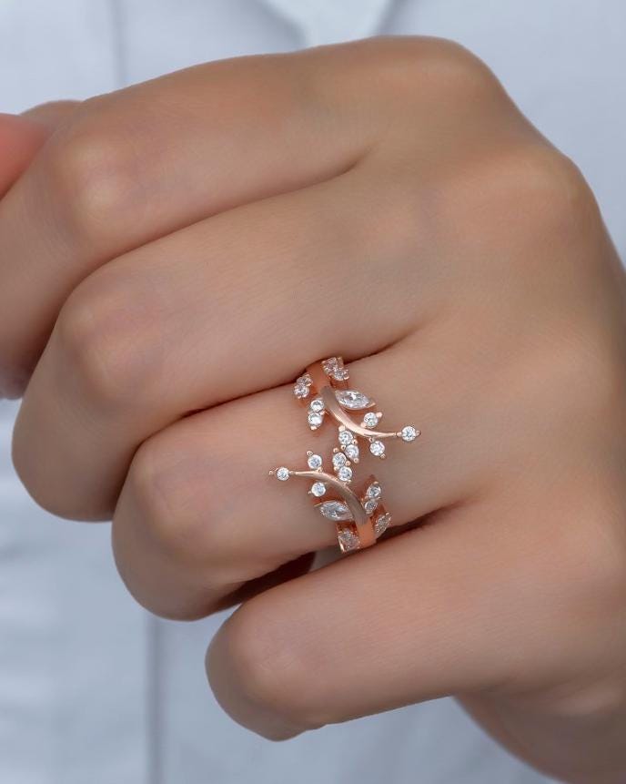 Adjustable Olive Branch Ring | Rose Gold Plated Zircon Nature Design (NRZ99385)