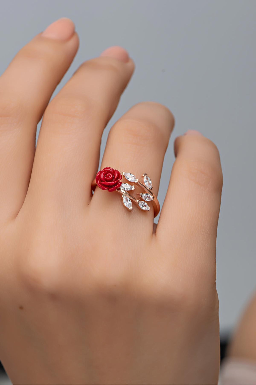 Floral Rose Vine Adjustable Ring | Rose Gold Plated Zircon Accent Design (NRZ999023)